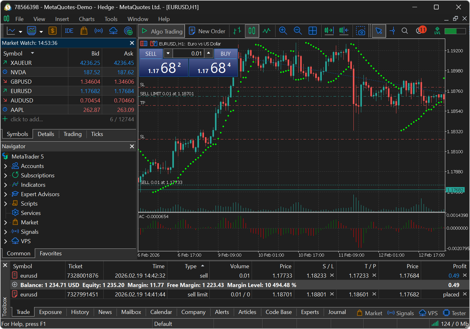 MetaTrader terminal showing a live candlestick range and trade levels